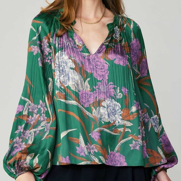 Current Air Los Angeles Green Floral Blouse Sz S Boho Tucked Pleated Peasant Top - Picture 3 of 16